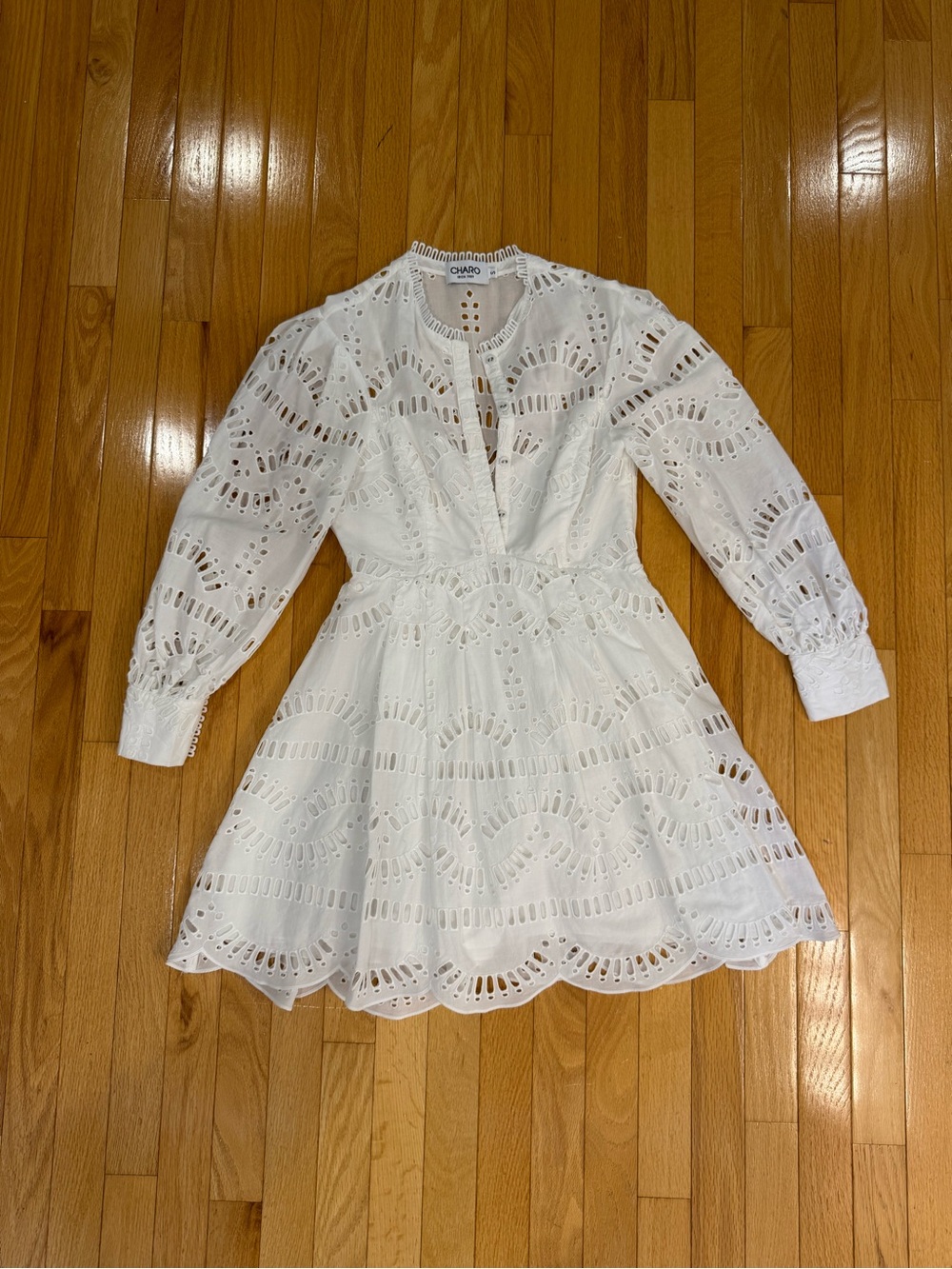 Charo Ruiz White Eyelet Long-Sleeve Mini Dress with Scalloped Hem
